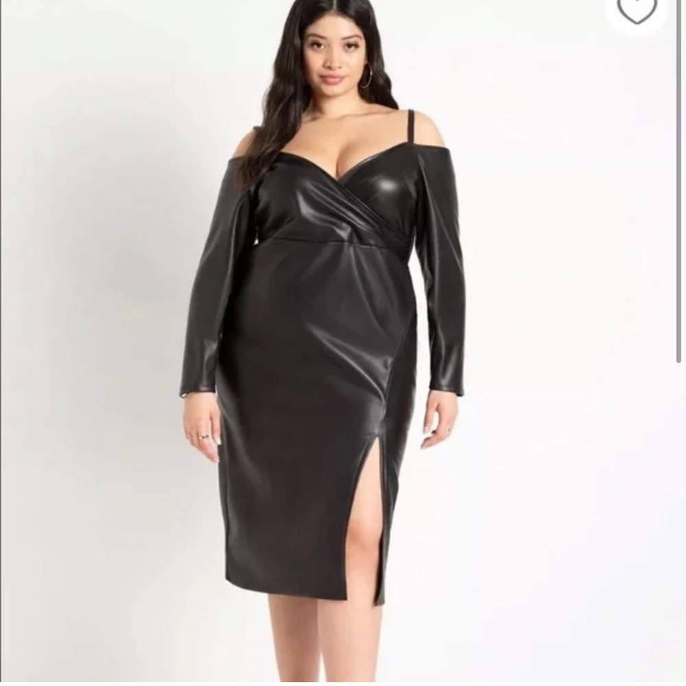 NWOT New Eloquii Faux Leather Black Off Cold Shoulder Bodycon Dress Size 18
